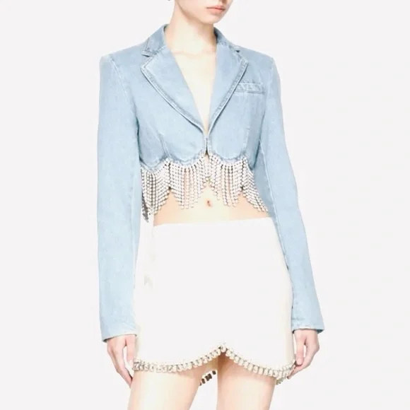⚡️⚡️AREA Scalloped Embellished Cropped Denim Jacket in Pale Blue, Size 4,NWT - Picture 9 of 17